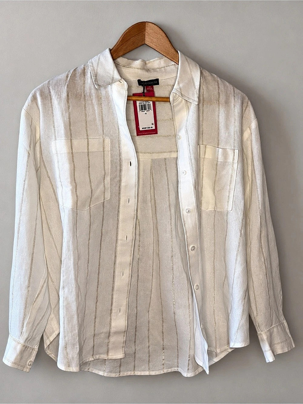 Vince Camuto Blossom Bouquet Metallic Stripe Linen-Blend Button-Up Shirt White